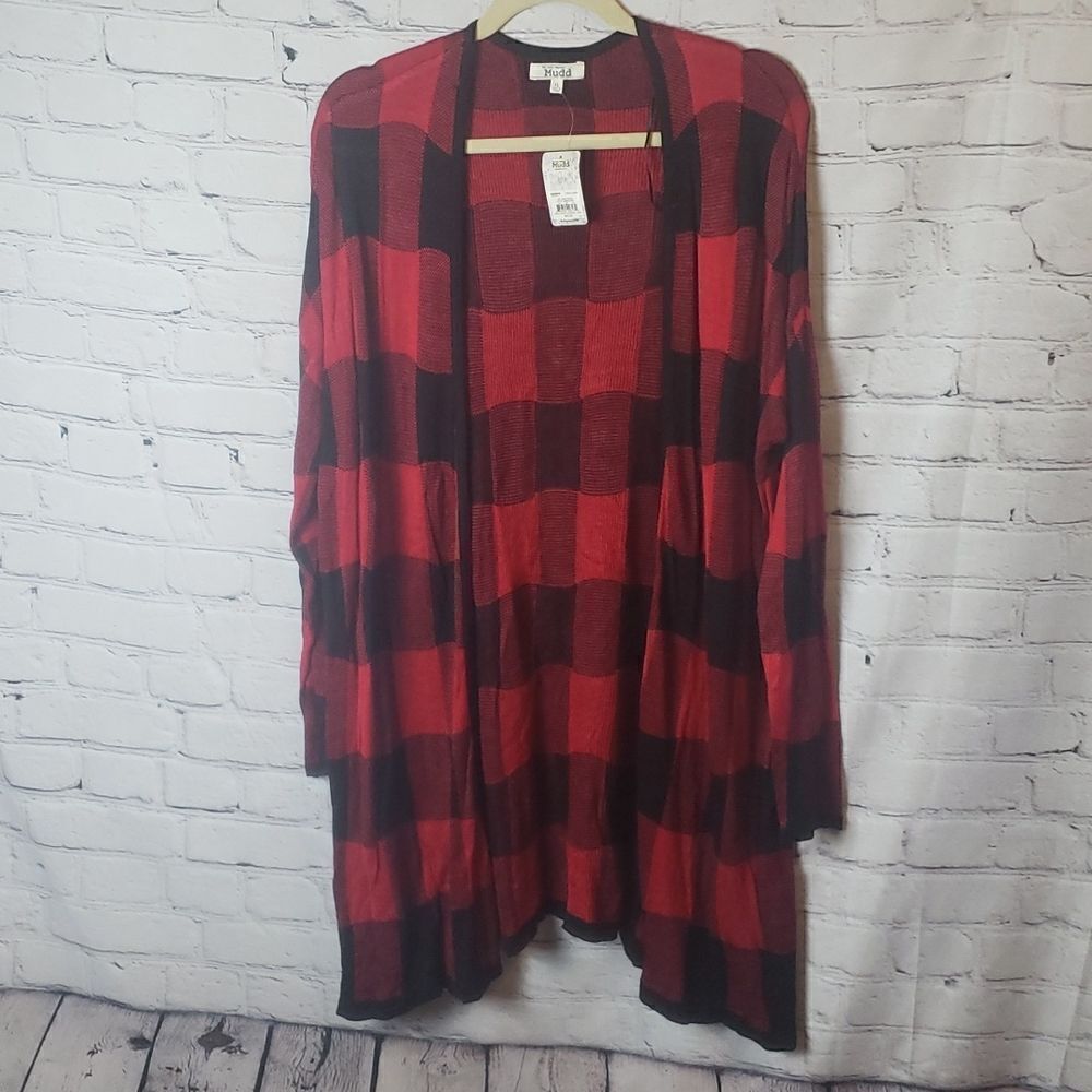 ‎💜NWT Mudd Black and Red Plaid Cardigan